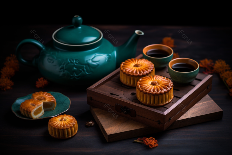 黑色背景里的月饼与绿色茶壶,高清,摄影图,摄影图片,图片大全,摄影图免费下载
